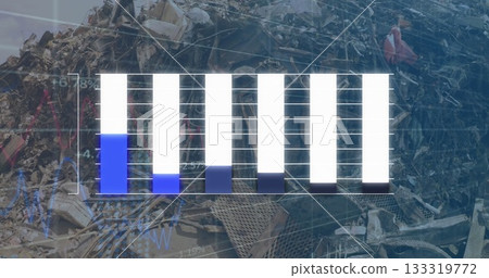 Displaying bar chart overlay showing data trends in scrapyard, with scrap metal and line graph 133319772