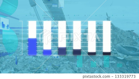 Displaying vertical bar chart gridlines on landfill site, showing excavator bucket and rubber tire Displaying vertical bar chart gridlines on landfill site, showing excavator bucket and rubber tire 133319773