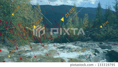 Whitewater rapids flowing and cascading in mountain valley, with red grid and yellow time markers 133319795