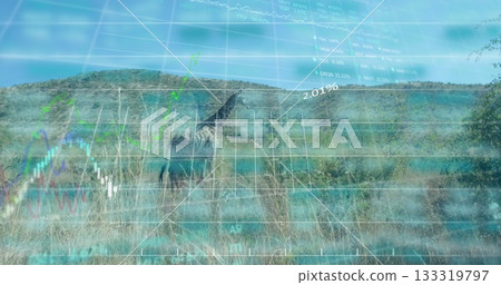 Standing giraffe facing right among savannah grass, rolling hills with digital graph showing 2 133319797