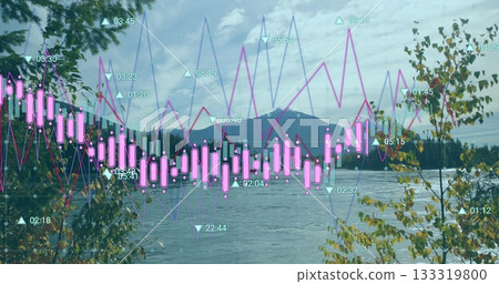 Overlaying peak rising over lakeshore with pink candlesticks magenta blue lines teal data markers Overlaying peak rising over lakeshore with pink candlesticks magenta blue lines teal data markers 133319800