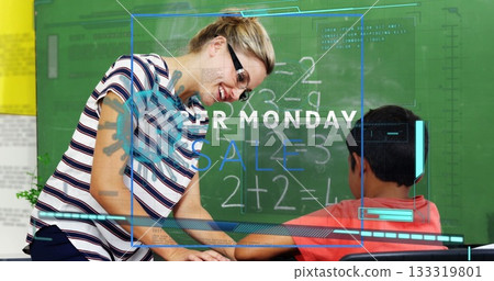 Leaning teacher pointing at green chalkboard equations while assisting boy at desk in classroom Leaning teacher pointing at green chalkboard equations while assisting boy at desk in classroom 133319801