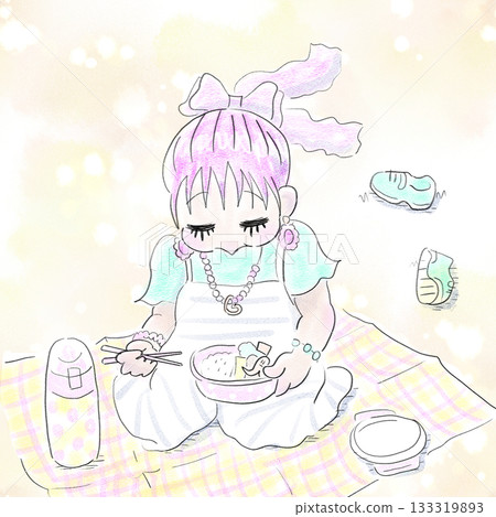 一個打扮得漂漂亮亮的女孩正在野餐（彩色） 133319893