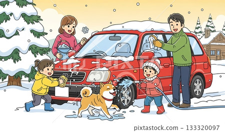 全家人在雪地裡一起清洗了汽車。 133320097