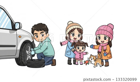 一家人觀看更換冬季輪胎。 133320099