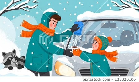 Parents and children help out on a snowy day 133320100