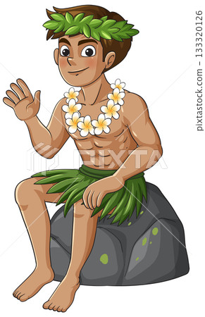 Hawaiian Man in Grass Skirt Sitting on Rock Waving Hawaiian Man in Grass Skirt Sitting on Rock Waving 133320126