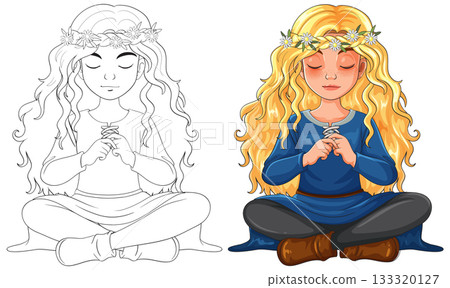 Blonde Girl Meditating with Flower Crown in Blue Dress 133320127