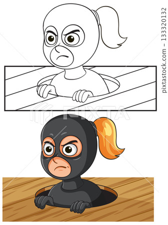 Female Burglar Peeking Through Wooden Floor in Vector Style Female Burglar Peeking Through Wooden Floor in Vector Style 133320132