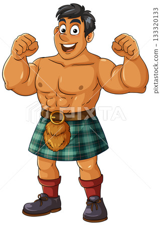 Muscular Cartoon Man in Traditional Scottish Kilt Muscular Cartoon Man in Traditional Scottish Kilt 133320133