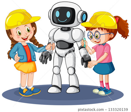 Two Girls Interacting with Friendly Robot in Safety Helmets Two Girls Interacting with Friendly Robot in Safety Helmets 133320139
