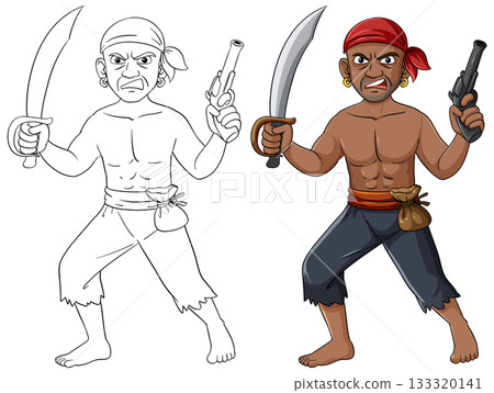 Angry Pirate Holding Sword and Pistol in Battle Stance 133320141