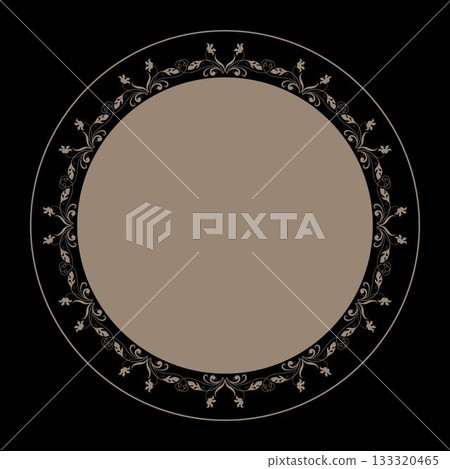 European vector gold round frame with arabesques and floral elements. Elegant element for design in European style, place for text. Lace illustration for invitations, greeting cards, plate, porcelain 133320465