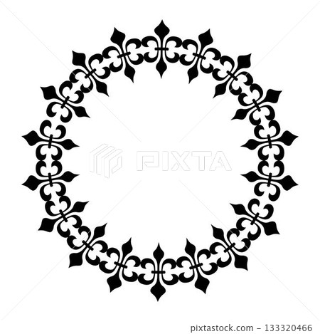 Traditional round Turkic ornament. Black and white round frame. Oriental black round pattern with arabesques. For ceramic, porcelain, embroidery, sandblasting, plate. Islam, Indian, Ottoman motif. Traditional round Turkic ornament. Black and white round frame. Oriental black round pattern with arabesques. For ceramic, porcelain, embroidery, sandblasting, plate. Islam, Indian, Ottoman motif. 133320466