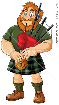 Cartoon Scottish Man Playing Bagpipes in Tartan Kilt 133320578