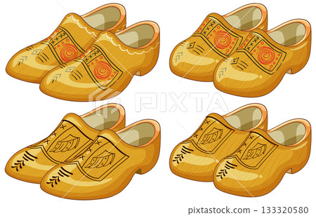 Traditional Wooden Clogs with Decorative Patterns Illustration 133320580