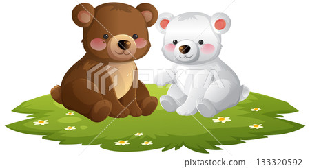 Brown and White Bear Cubs Sitting on Grass Patch 133320592
