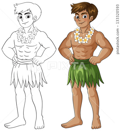 Hawaiian Man in Grass Skirt and Flower Lei Illustration 133320593