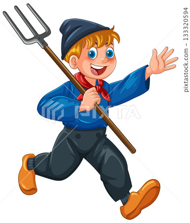 Cheerful Dutch Farm Boy Running With Pitchfork 133320594