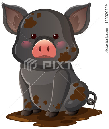Cute Black Piglet Sitting in Mud Cartoon Vector 133320599