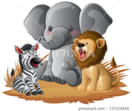 Cartoon Lion, Elephant, and Zebra Sitting on Grass 133320600