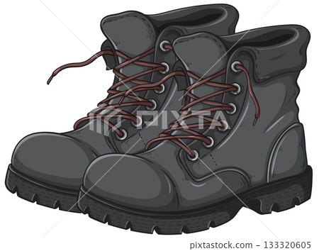 Pair of Black Hiking Boots with Brown Laces Illustration 133320605