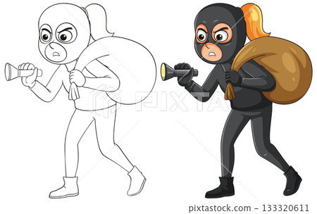 Female Burglar in Black Suit Carrying Sack and Flashlight Female Burglar in Black Suit Carrying Sack and Flashlight 133320611