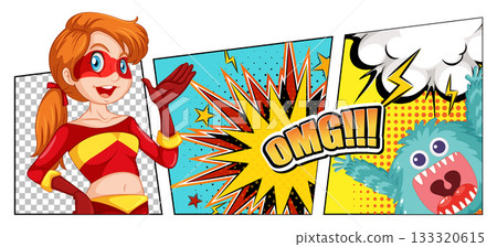 Female Superhero Comic Panel With Monster and Explosion Female Superhero Comic Panel With Monster and Explosion 133320615