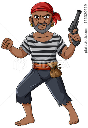 Cartoon Pirate Bandit Holding Pistol and Clenched Fist 133320619