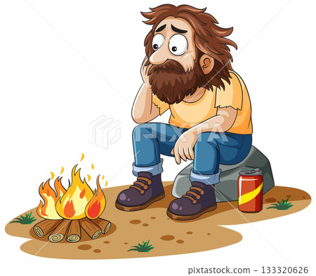 Bearded Man Contemplating by Campfire with Soda 133320626