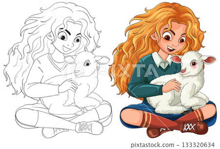 Red-Haired Girl Sitting With Lamb in Cartoon Style Red-Haired Girl Sitting With Lamb in Cartoon Style 133320634
