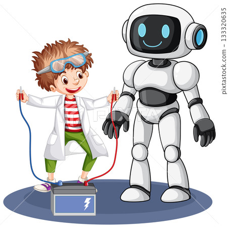 Young Scientist Powers Friendly Robot with Battery Cables 133320635