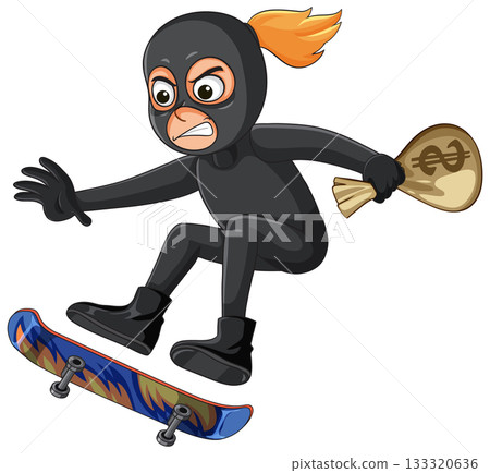 Female Robber Jumping on Skateboard With Money Bag Female Robber Jumping on Skateboard With Money Bag 133320636