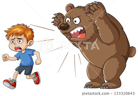 Boy Running from Angry Bear in Cartoon Style Boy Running from Angry Bear in Cartoon Style 133320643