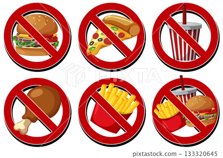 No Fast Food Symbol Vector Set with Red Prohibition Signs 133320645