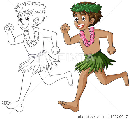 Hawaiian Boy Running in Traditional Grass Skirt and Lei 133320647