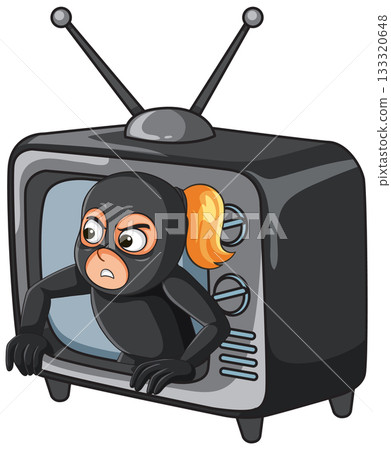 Cartoon Female Burglar Emerging from Retro Television Set 133320648