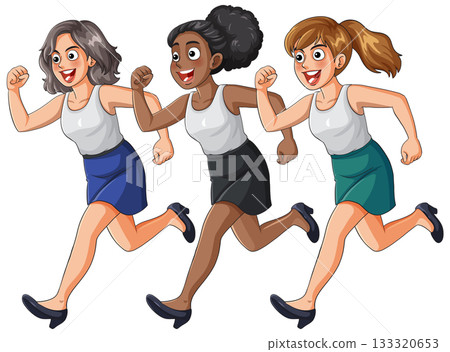 Three Businesswomen Running Together in Cartoon Style Three Businesswomen Running Together in Cartoon Style 133320653