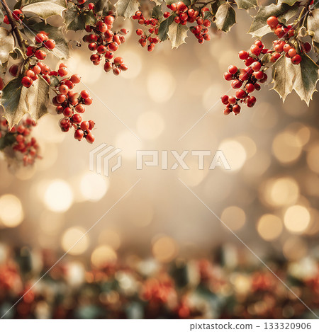 聖誕節相框素材，帶有紅色漿果和冬季散景背景 133320906