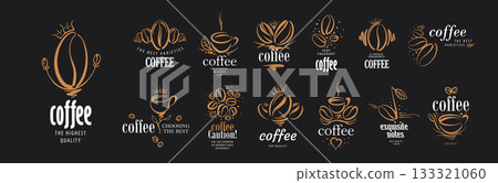 A set of vector logos of natural coffee beans, hand-drawn A set of vector logos of natural coffee beans, hand-drawn 133321060