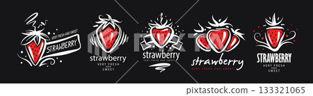 A set of hand-drawn vector logos strawberry on a black background A set of hand-drawn vector logos strawberry on a black background 133321065