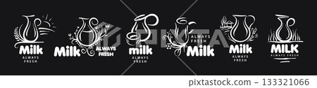 A set of hand-drawn vector milk jug logos 133321066