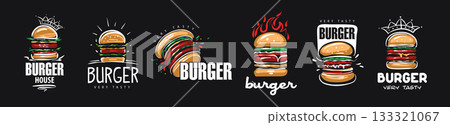 Hand drawn set of vector burger logos on black background Hand drawn set of vector burger logos on black background 133321067