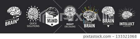 A set of vector logos with a hand-drawn brain 133321068