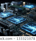 Futuristic Microchip on Circuit Board with Glowing Data Lines - Artificial Intelligence Technology Concept 133321078