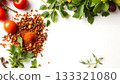 Healthy food background on white. Spices, herbs and vegetables with olive oil. 133321080