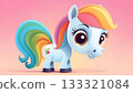 A funny cute little horse with big expressive eyes and a cheerful smile, colorful cartoon style, soft pastel background 133321084