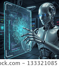 Futuristic Humanoid Robot Operating a Digital Holographic Interface 133321085