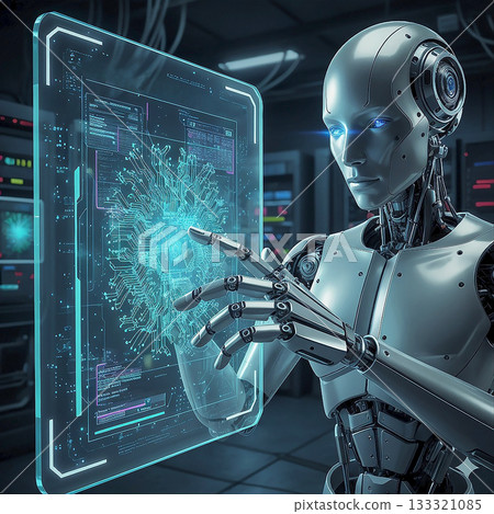 Futuristic Humanoid Robot Operating a Digital Holographic Interface Futuristic Humanoid Robot Operating a Digital Holographic Interface 133321085