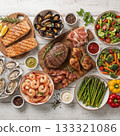 Assorted Grilled Meat, Seafood, and Fresh Vegetables. Healthy Gourmet Food on Rustic Wooden Table 133321086